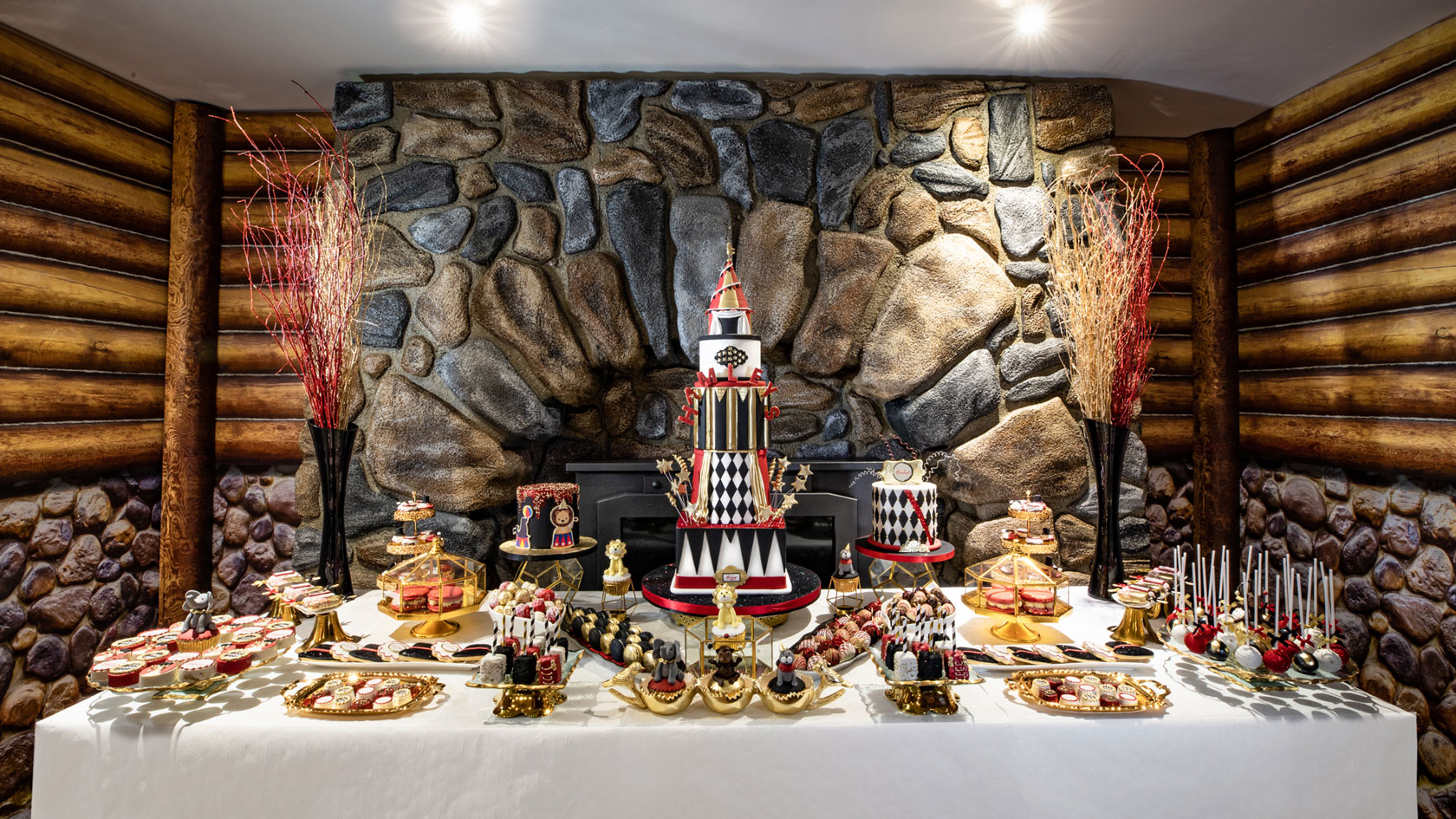 A childrens circus themed dessert table indulgence bar at London's toy shop, Hamleys