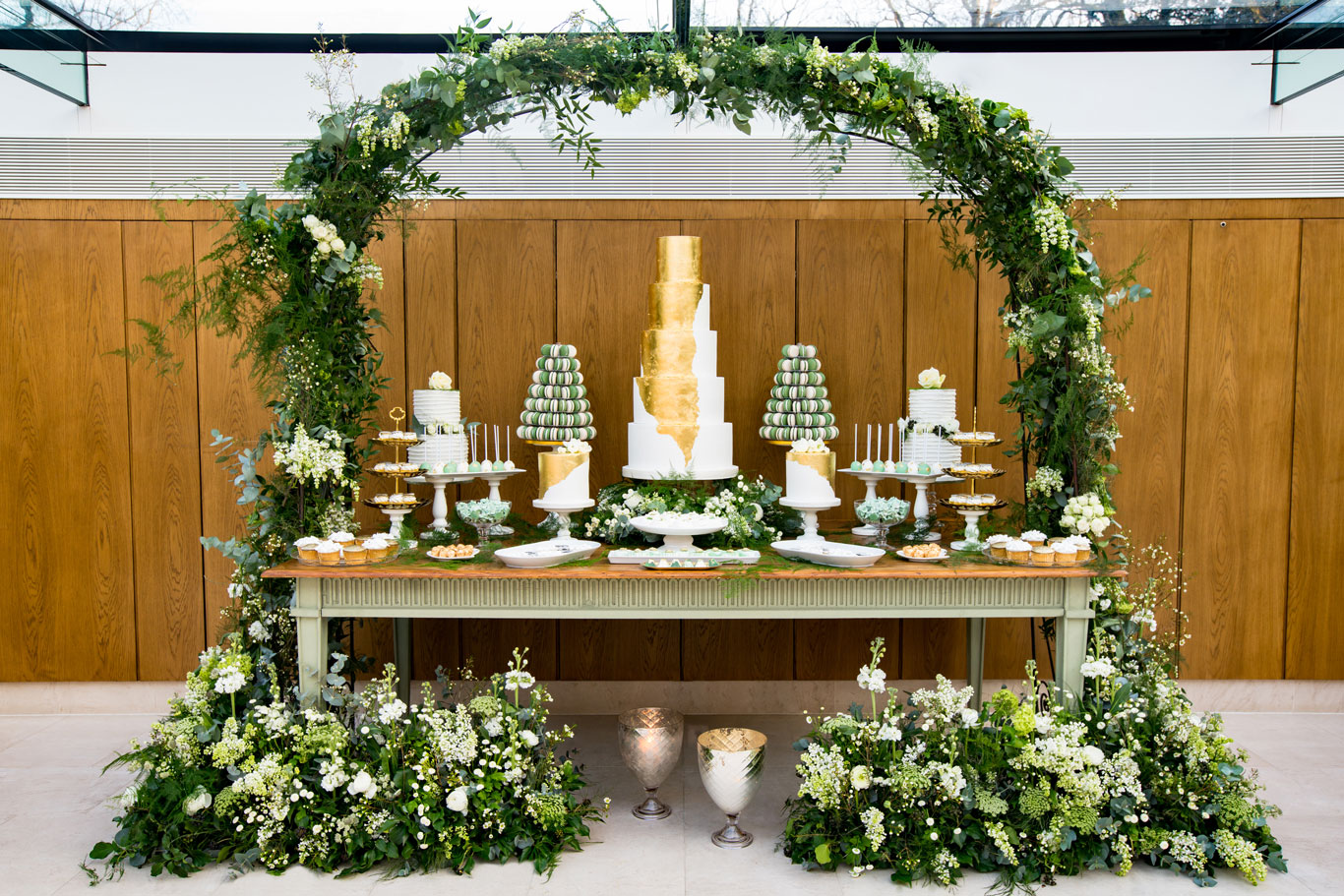 GC Couture Indulgence Bar Dessert Table And Gold Wedding Cake At Belmond Le Manoir