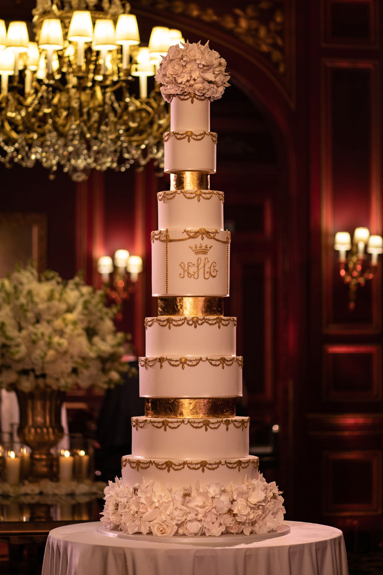 An elegant 10 foot tall Jewish Kosher wedding cake by GC Couture at the Intercontinental Le Grand Hotel In Paris, France