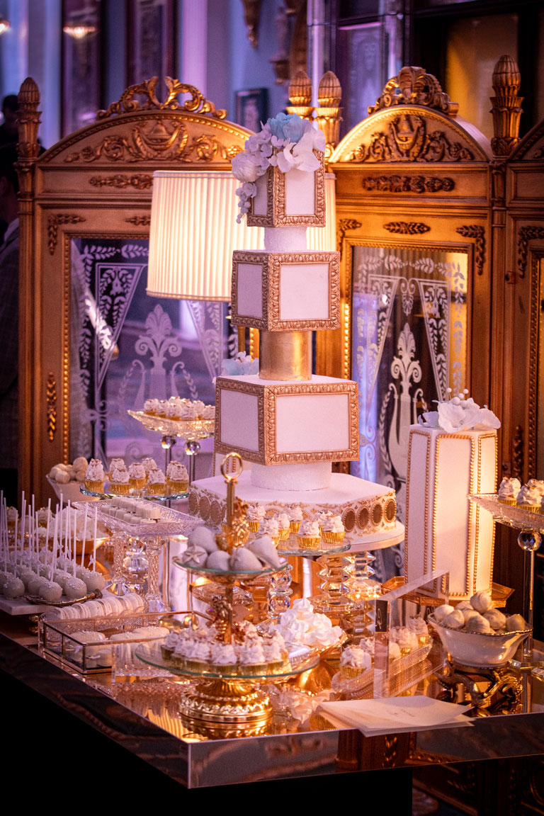 Gold and white opulent centrepiece cake at The Lanesborough